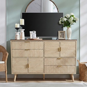 <span class=keywords><strong>Commode</strong></span> contemporaine multifonction en bois cannelé avec 4 tiroirs et 4 portes, poignées métalliques et 5 pieds en bois pour chambre à coucher - Product Image 6