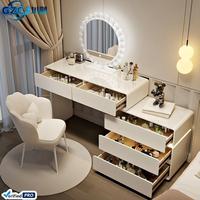 Nouvelle coiffeuse moderne 2026 en bois massif avec miroir lumineux et rangement pour chambre, appartement, hôtel, salle de bain – Style panneau en bois