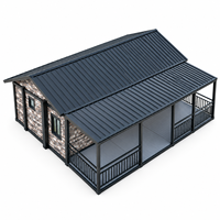 Café modulaire préfabriqué en pierre avec terrasse couverte et sièges extérieurs pour usage commercial