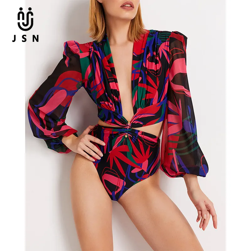 JSN 2023 Luxury lady swimwear deep v neck print long sleeves cut out bikini monokini swimsuit