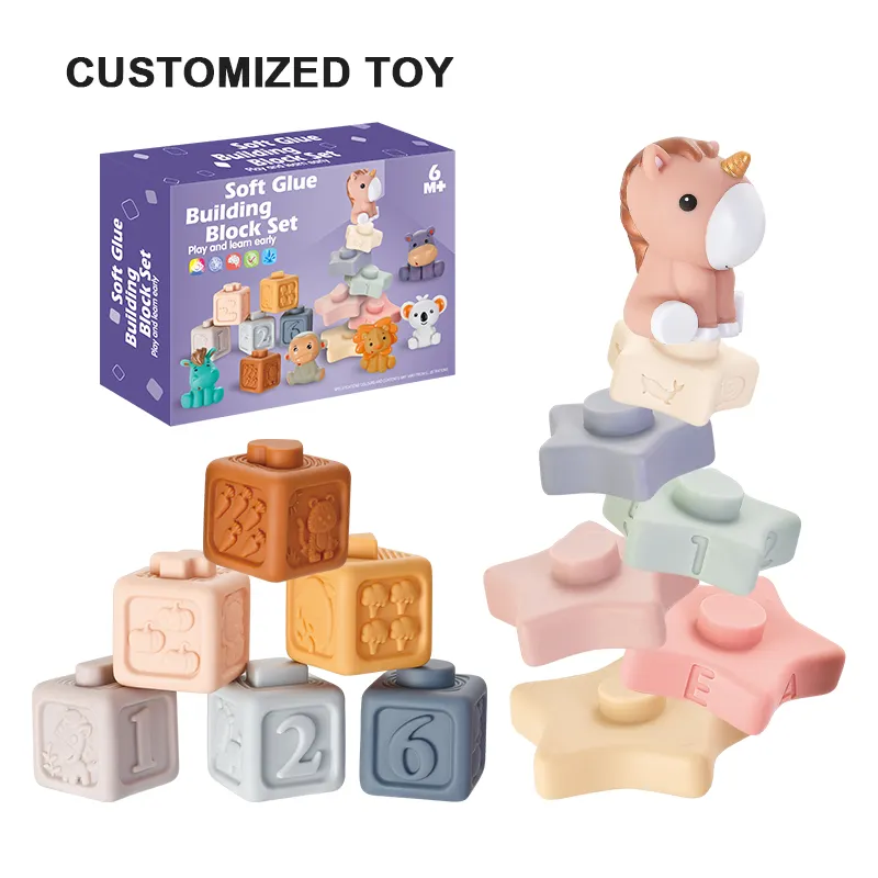 Zhorya early education toys Soft glue square stack tower set Teething chewing baby Montessori toys