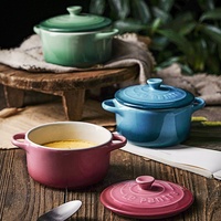 Bol en céramique pour bébé avec poignées et couvercle, forme ronde, pour cuisson, œufs à la vapeur, crème anglaise, ragoût, ensemble de vaisselle de cuisson