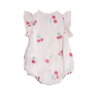Barboteuse d'été pour bébé fille, tenue en coton rose imprimé cerises, manches volantées, boutons-pression, vente en gros pour boutiques