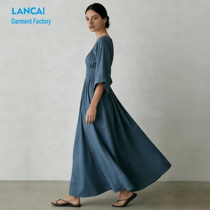 Produttore di Abiti da Donna, <span class=keywords><strong>Vestito</strong></span> <span class=keywords><strong>Lungo</strong></span> Elegante in Cotone su Misura <span class=keywords><strong>con</strong></span> Scollo a V Profondo, <span class=keywords><strong>Mezza</strong></span> <span class=keywords><strong>Manica</strong></span> e Finiture in Pizzo - Product Image 3