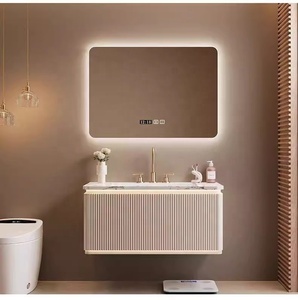 Mobile bagno a parete scanalato color caffè in PVC con certificazione CE europea, curvato a caldo, integrato, con specchio e lavabo, per progetti villa - Product Image 2