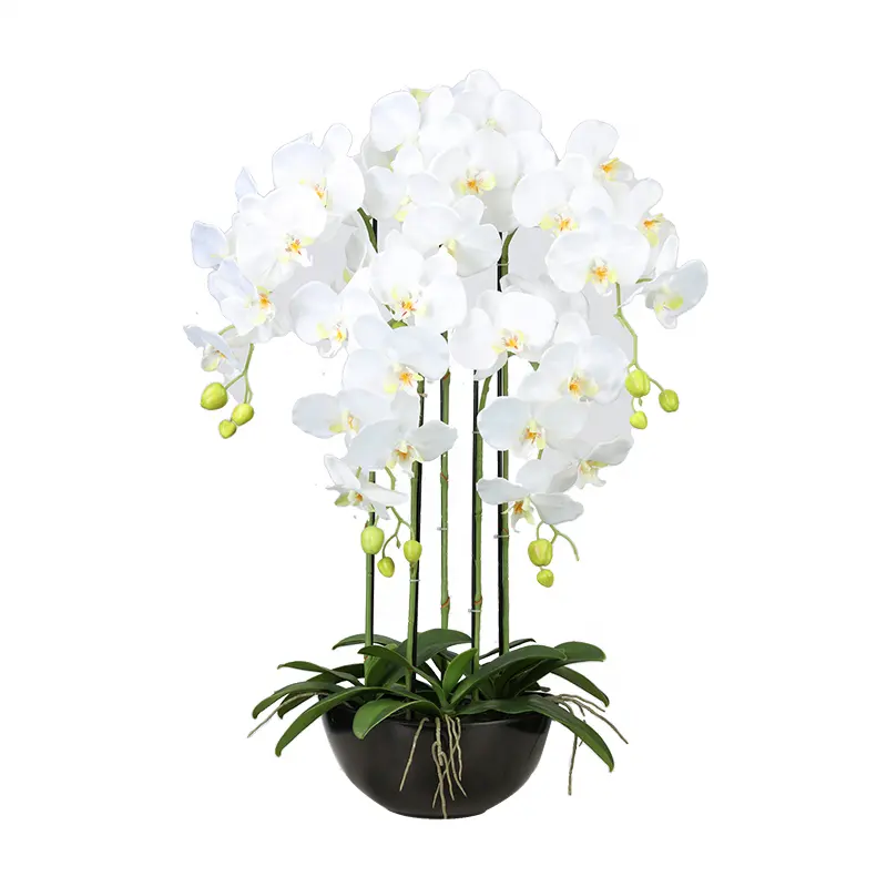 Flor de látex artificial para orquídeas, accesorio grande, color blanco, real touch, venta al por mayor, con maceta