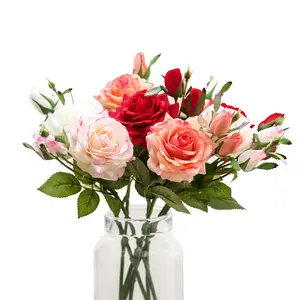 Flor artificial real para ramo, seda de látex de alta calidad, rosa de tres cabezas