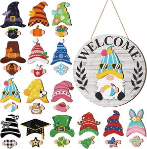 Panneau de bienvenue personnalisable en bois, saisonnier, avec aimants et chapeaux interchangeables, pour la maison - Product Image 1