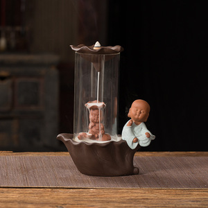 Vendita calda porcellana drago monaci mano di Buddha bruciatore di incenso a riflusso Zen a forma di loto con copertura antivento forno incensiere - Product Image 3