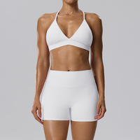 Set Yoga 2 Potong Wanita dengan Logo Custom, Bra Olahraga V-Neck dan Set Celana Pendek Biker Pinggang Tinggi, Bahan Stretch 4 Arah, Cocok untuk Olahraga