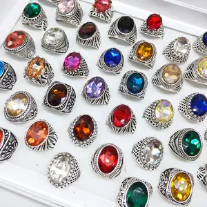 Trendy Classic Men's Ring Geometric Stone Metal Inlaid Ring Crystal Gem Glass Stall Night Market Ring Wholesale
