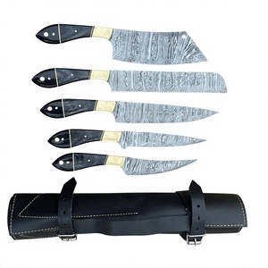 Damascus Steel Kitchen <b>Knife</b> <b>Set</b> 5-Piece Wood Handle Straight Back Bevel Edge Chef <b>Knives</b> - Product Image 1