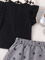 Ensembles 2 pièces d'été pour filles style occidental : Haut côtelé uni à motif floral élégant + Jupe plissée trapèze