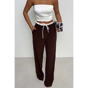 <b>Brown</b> Ladies Trousers Front-<b>Tie</b> Closure Breathable Soft Elastic Waist Mid Waist Modern Classic Style Woven Autumn XL XS Colored - Product Image 4