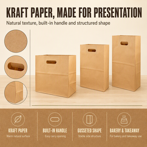 Sac en papier kraft brun avec logo personnalisé, poignée découpée, emballage pour boulangerie, sac à pain - Product Image 3
