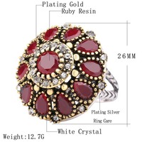 Bague de mariage cristal de nouvelle collection, tendance, pour femmes, Vintage, Look rond, couleur or, mosaïque rouge, bijoux turcs