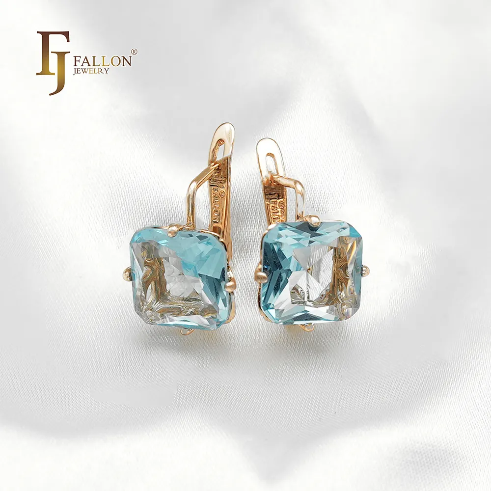 Joyería de moda de FJ Fallon, pendientes de CZ coloridos de corte esmeralda grande solitario, con base de Latón chapado en oro rosa 585