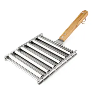 1pc Stainless Steel Hot Dog Rack Detachable Roasted Sausage Rack Rolling Outdoor Barbecue Grill With Long Wooden Handle