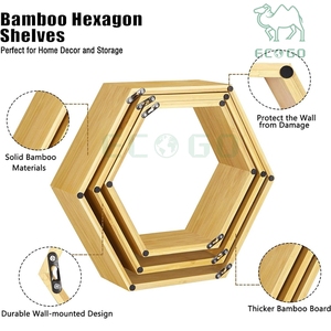 Lot de 3 étagères hexagonales flottantes pour chambre à coucher, étagère flottante en nid d'abeille murale en bambou, présentoir de rangement - Product Image 5