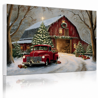 Impression sur toile encadrée sur toile, motif camion vintage rouge, grange enneigée, arbre de Noël, décoration murale de ferme pour maison de vacances, idéal pour galerie et cadeau de Noël