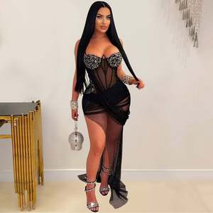 Robe longue de soirée de luxe sexy pour femme, de marque célèbre, avec broderie, plumes et bretelles, style bandage - Product Image 3