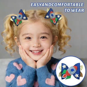 Pince à cheveux en tissu écologique pour enfants, motif fusée spatiale, avec nœud double couche étoile et embout bec de canard, pour fêtes décontractées - Product Image 5