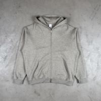 Hoodie Zipper Pria 320g French Terry Bernapas, Sablon Logo Custom, Bordir, Model Boxy Fit, Hitam Tekstur Matte Abu-abu