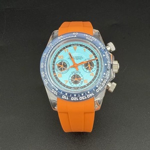 39mm Acrylic <b>Men</b> Chronograph Watch Blue Dial Orange Rubber Strap With VK63 Movement - Product Image 1