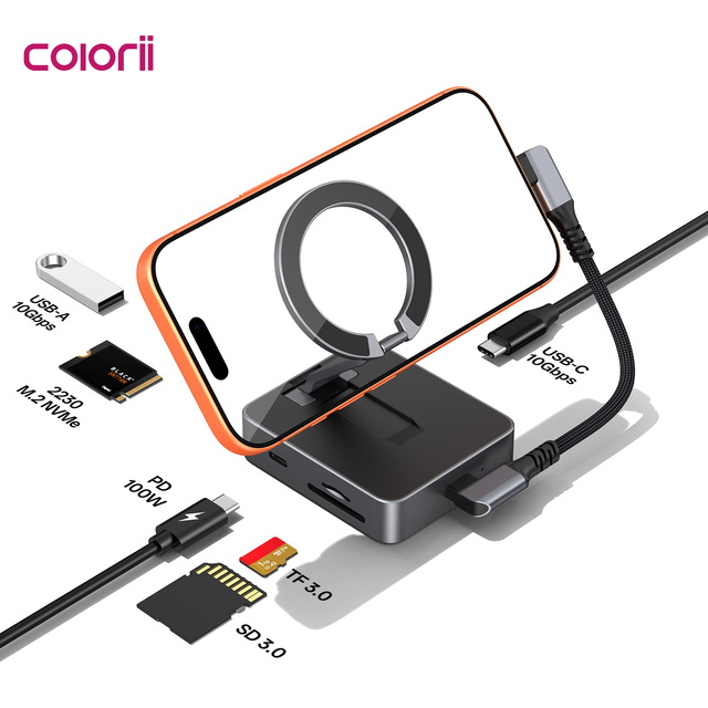 Magnetic Foldable 6-in-1 USB C Docking Station Aluminum Hub M.2 SSD Enclosure 10Gbps SD/TF reader 100W PD Charging for Notebook