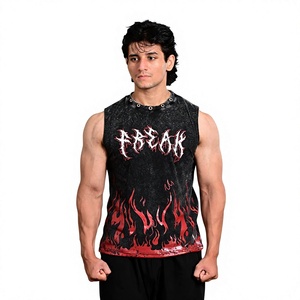 Débardeur sans manches pour homme, imprimé flamme noire et rouge, col rond, style streetwear, coton respirant, décontracté et élégant, idéal pour l'extérieur - Product Image 1
