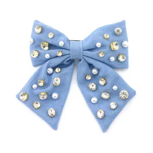Vintage Bow Denim Fabric With Colored Crystals Pearl French Spring Hair Accessories For Girls