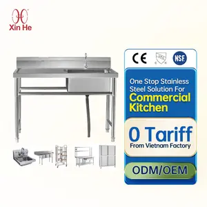 Meja wastafel kerja logam dapur komersial, dapat diatur, gaya mewah, SUS 304, untuk memanggang dan memasak