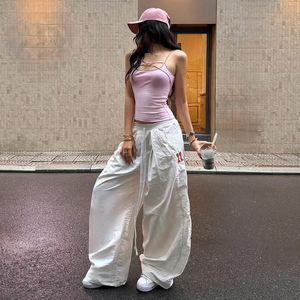 Pantalones Anchos Bordados con Número Estilo INS para Mujer, Cintura Elástica con Cordón, Pantalones Largos Casuales de Estilo Urbano - Product Image 3