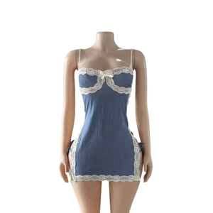 PEEQI FC1366 Abito Mini Aderente da Donna in Pizzo Sexy con Inserti, Non in Denim, con Spalline Sottili e Spacco Laterale - Product Image 4