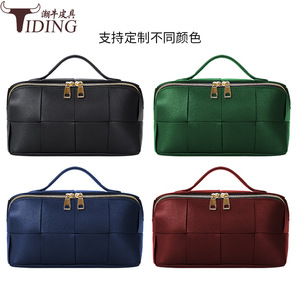 Tiding Genuine Leather Woven Cosmetic Bag Large Capacity Black Soft Handle <b>Makeup</b> Storage <b>Case</b> For Women - Product Image 4