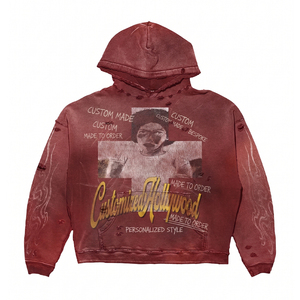 Felpa <span class=keywords><strong>con</strong></span> <span class=keywords><strong>Cappuccio</strong></span> da <span class=keywords><strong>Uomo</strong></span> in Cotone Pesante Lavato all'Acido, Stile Vintage Rosso Streetwear <span class=keywords><strong>con</strong></span> Stampa Personalizzata Effetto Consumato e Bordi Sfrangiati - Product Image 1