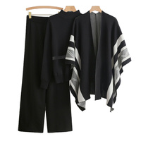 Manteau Tricoté Personnalisé 3 Pièces, Cardigan, Pull Rayé, Pantalon Large en Maille pour Femmes Vêtements d'Hiver de Sororité