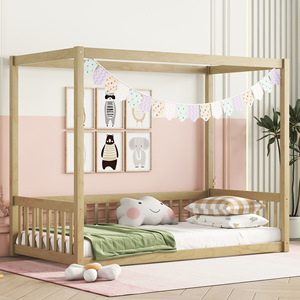 Lit enfant à baldaquin en bois massif avec barrière de sécurité, jaune terreux, structure durable, pour chambre d'enfant - Product Image 1