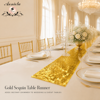 Chemin de table ANNIELU en sequins dorés, grand chemin de table à paillettes pour réception en plein air, soirée, mariage, décoration, vente en gros