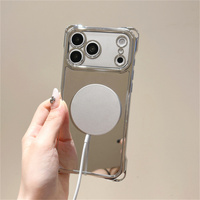 Coque de téléphone miroir de maquillage électroplaqué brillant pour iPhone 18 17 Pro Max 16 15 14 13 avec chaîne de poignet et anneau magnétique en TPU de protection