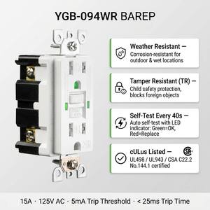 Presa GFCI BAREP Certificata cULus 15A WR <span class=keywords><strong>TR</strong></span> con Doppio LED per Autotest, Standard USA, per Cucina, Bagno, Esterni e Ambienti Umidi - Product Image 3