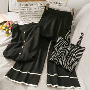 Completo da <span class=keywords><strong>Donna</strong></span> Tre Pezzi: Giacca Lavorata a Maglia con Scollo a V e Bretelle a Righe, Pantaloni a Vita Alta a Gamba Larga - Collezione Autunno 2025 (Vendita all'Ingrosso) - Product Image 5