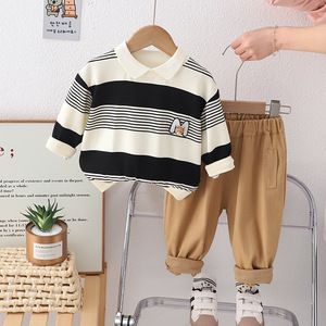 Conjunto de ropa para niños pequeños con cuello Peter Pan a rayas, jersey con bordado de oso, pantalones con cintura elástica, mezcla de algodón, conjunto suave para niños pequeños - Product Image 3