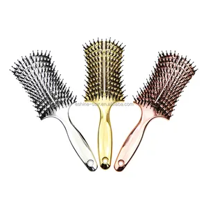 Boar Bristle Hair Brush Curved and Vented for Wet or Dry Detangling Electroplating Hair Brush for Curly Tangled Hair Vent Brush