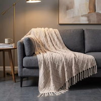 Couverture en tricot torsadé crème avec pompons pour canapé-lit, tissage texturé doux classique pour plaids décoratifs bohèmes avec franges