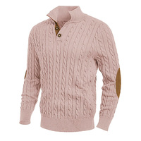 Pull en tricot torsadé pour homme, vert militaire, col montant boutonné, avec empiècements en daim, coupe ajustée, pour l'automne et l'hiver