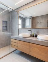 Meuble-lavabo flottant moderne en bois, double vasque, résistant à l'humidité, écologique, prix usine, sur mesure pour projets hôteliers et d'ingénierie