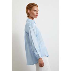 Women's Blue Viscose Satin Button <b>Down</b> Shirt Casual Everyday Style Simple Design Long Sleeve Blouse - Product Image 4