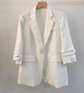Blazer in <span class=keywords><strong>Lino</strong></span> di Alta Qualità Nuovo 2026 Primavera <span class=keywords><strong>Donna</strong></span> Colletto a Revers Bottone Singolo Manica 3/4 Casual Blu Bianco Nero Cappotto Giacca - Product Image 5