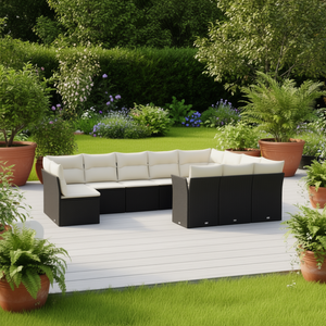 Set Divano da Giardino Nero con Cuscini Crema, Arredamento da Esterno in Rattan PE Resistente ai Raggi UV, Design Contemporaneo Impermeabile - Product Image 3